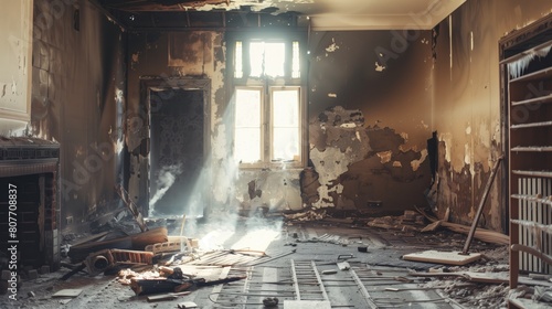 A heavily damaged interior of a house after a disaster  with debris and a charred fireplace.