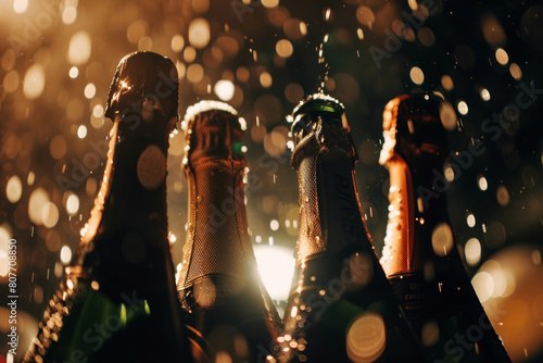 Festive champagne bottles with sparkling bokeh, celebrating special moments.