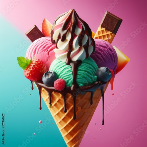 Delicious ice cream cone with fruits, chocolate and milk cream