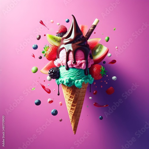 Delicious ice cream cone with fruits, chocolate and milk cream