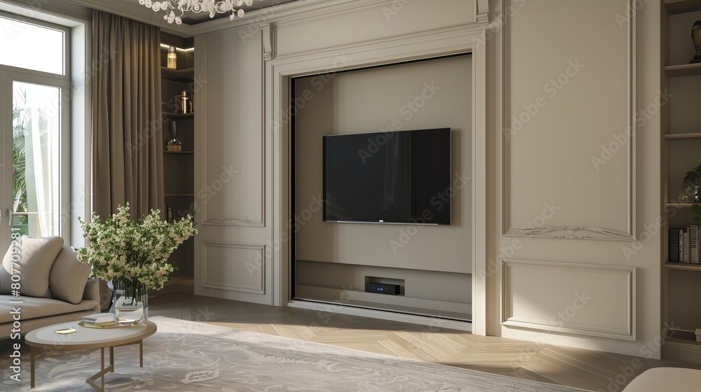 A TV lounge with a built-in TV that emerges from a sliding panel in the wall A TV lounge with a built-in TV that emerges from a sliding panel in the wall
