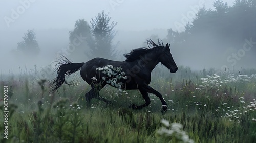  Beautiful dark horse racing through a lush countryside, framed by emerald fields and a serene blue canal. 