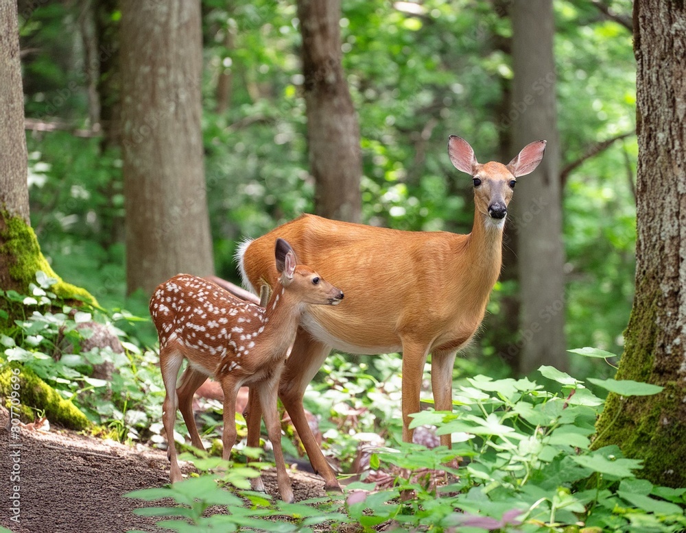 Fototapeta premium a young deer standing next to an adult deer in a forest.
