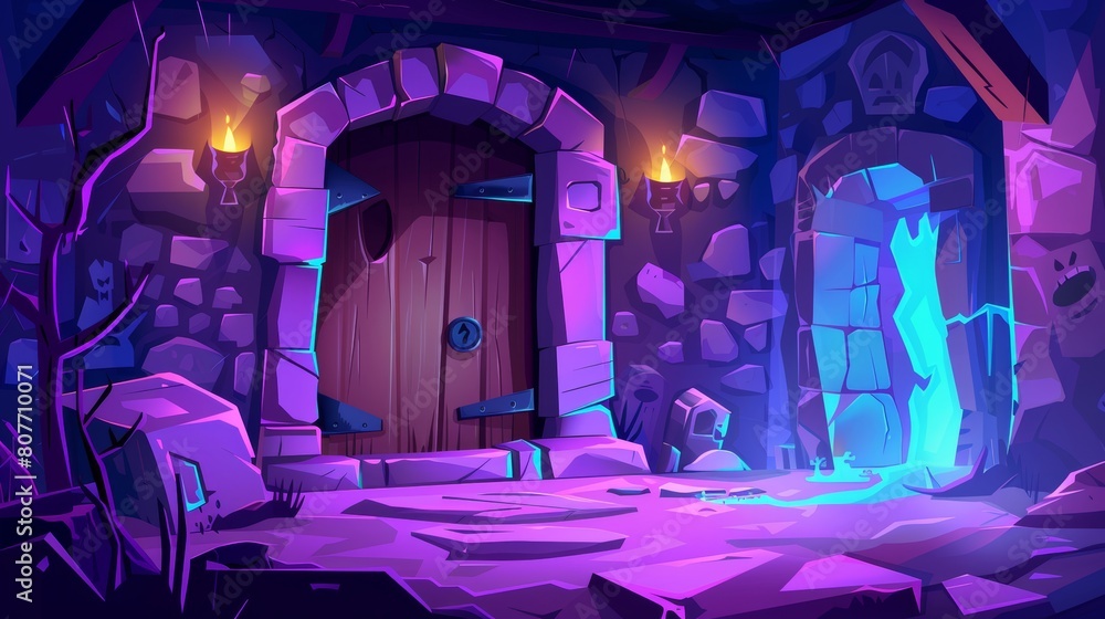 The interior of an abandoned medieval gungeon, with a spooky angry spirit, has a ghost, a broken wood door, and a stone wall. Modern illustration of an abandoned medieval gungeon with a haunting