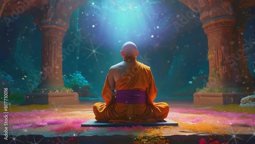 monk meditation in the holy temple, seamless looping time lapse virtual 4k video animation background photo