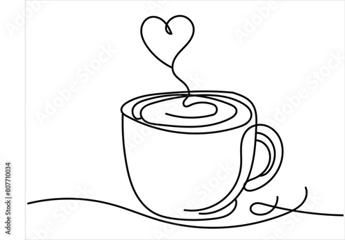 One-line art of handdrawn cup of coffee with heart symbol decorated in a vector design