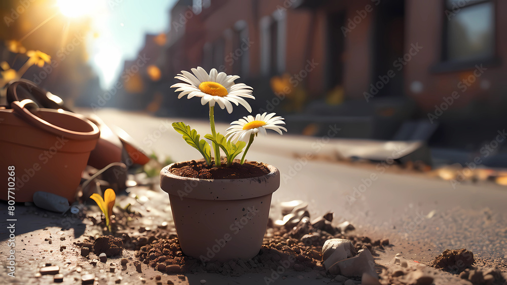 A micro-tiny clay pot full of dirt with a beautiful daisy planted in it, shining in the autumn sun on a road in an abandoned city, fiction, wallpaper, character, cg artwork, art, flash photography