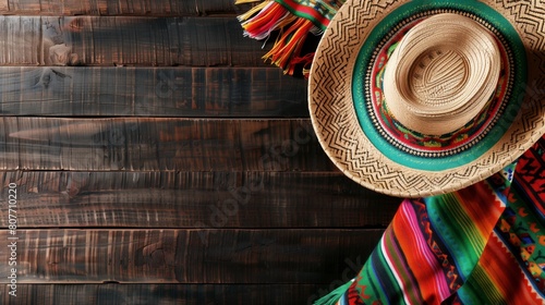 Traditional Mexican sombrero and colorful poncho on a rustic wooden background.