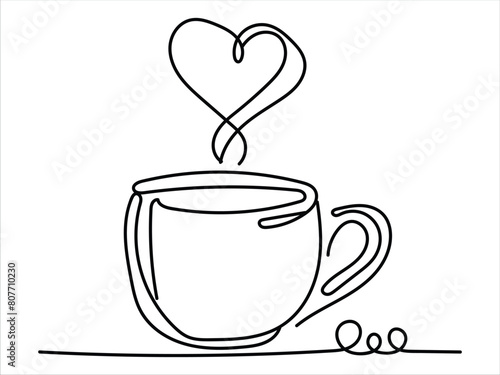 One-line art of handdrawn cup of coffee with heart symbol decorated in a vector design