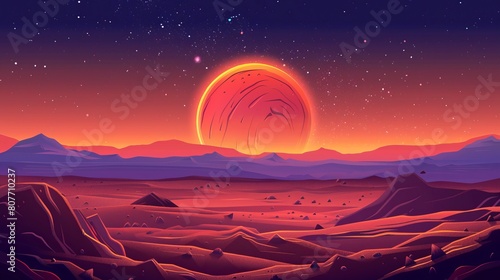 Martian landscape with sunset and flying cosmic dust. Purple desert surface, empty purple desert surface, space ground background. Colorful landscape with sphere in blue skies, cartoon illustration.