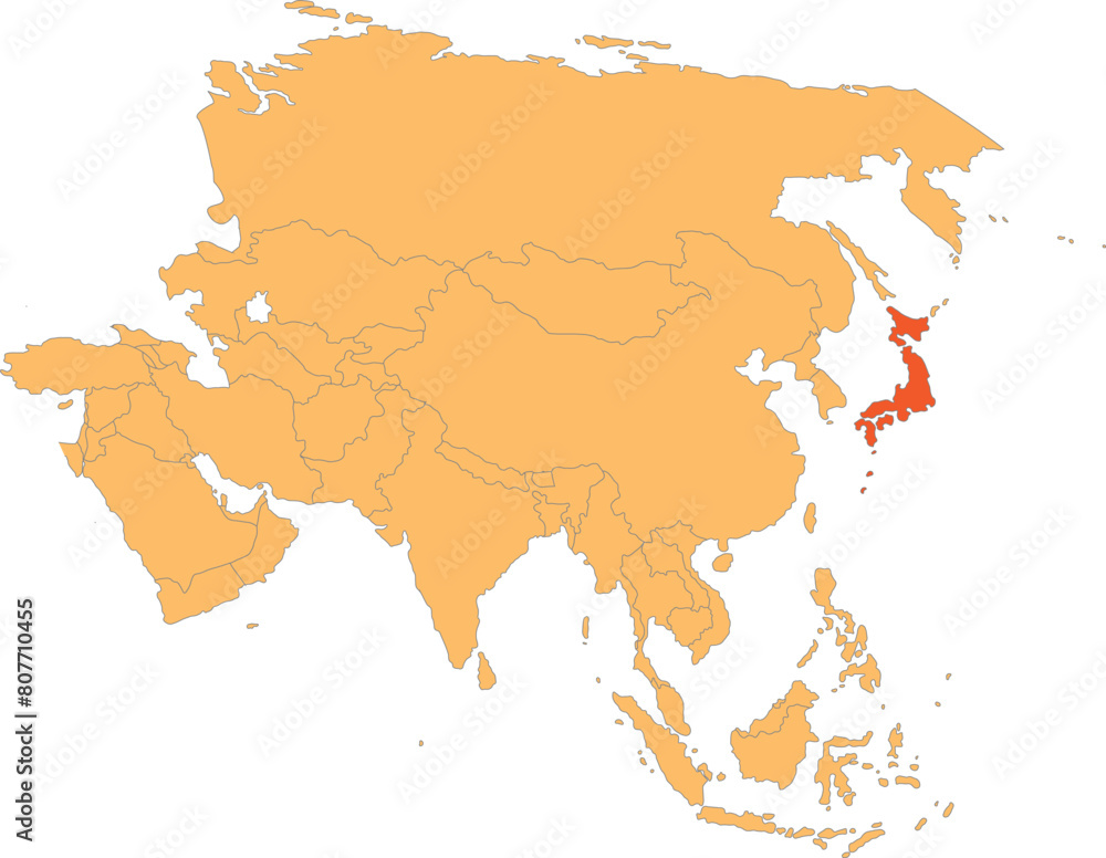 Highlighted red map of JAPAN inside orange detailed political map of Asia using orthographic projection on transparent background Highlighted red map of JAPAN inside orange detailed political map of Asia using orthographic projection on transparent background