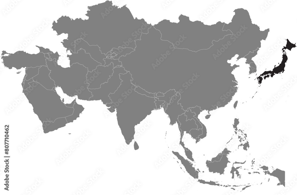 Highlighted black map of JAPAN inside dark grey detailed blank political map of Asia using orthographic projection on transparent background, without Russia Highlighted black map of JAPAN inside dark grey detailed blank political map of Asia using orthographic projection on transparent background, without Russia