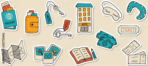 Stickers set of elements for vacation travel, adventure. Hand drawn vector doodles in flat style.