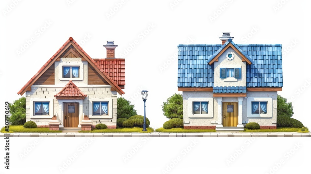 Real estate property for sale in suburban areas. Two-storey houses with garages. Cartoon home facades isolated on white background. Real estate property for sale in suburban areas. Two-storey houses with garages. Cartoon home facades isolated on white background.