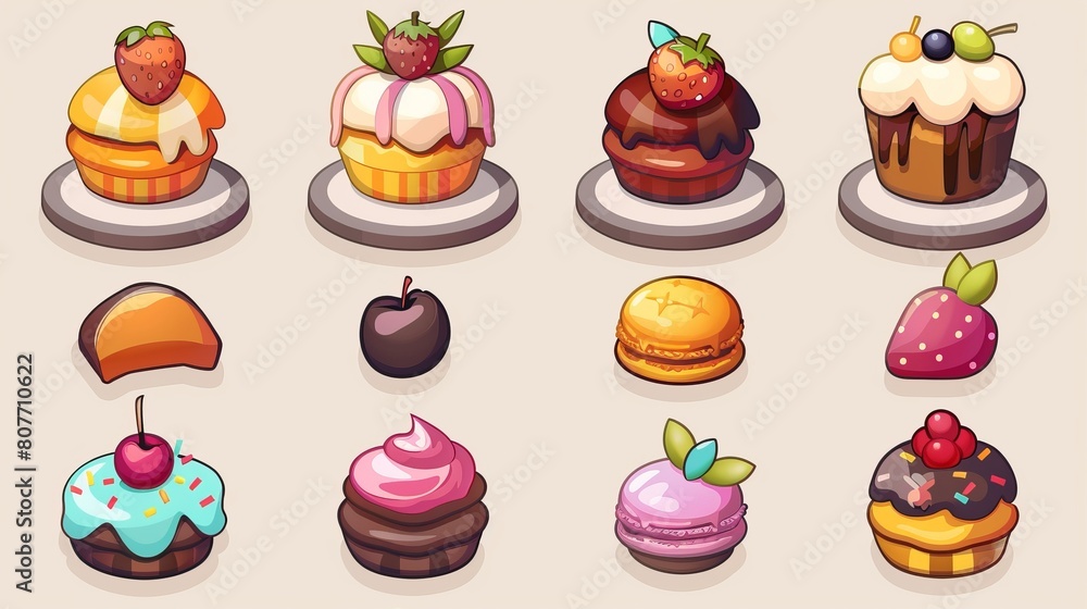 Icons of cakes, sweets, desserts, ratafias with topping, chocolates and nuts, berries, fruits, and berries and fruits isolated from the background. Icons of cakes, sweets, desserts, ratafias with topping, chocolates and nuts, berries, fruits, and berries and fruits isolated from the background.