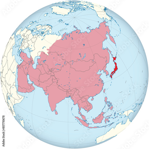 Highlighted red map of JAPAN inside red detailed blank political map of Asia using orthographic projection of the Globe