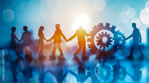 Business Teamwork.  Generated Image.  A digital rendering of an image of business colleagues working together toward a common goal. photo