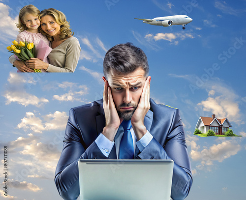 Man at laptop looking stressed with family, house, and airplane imagery around him