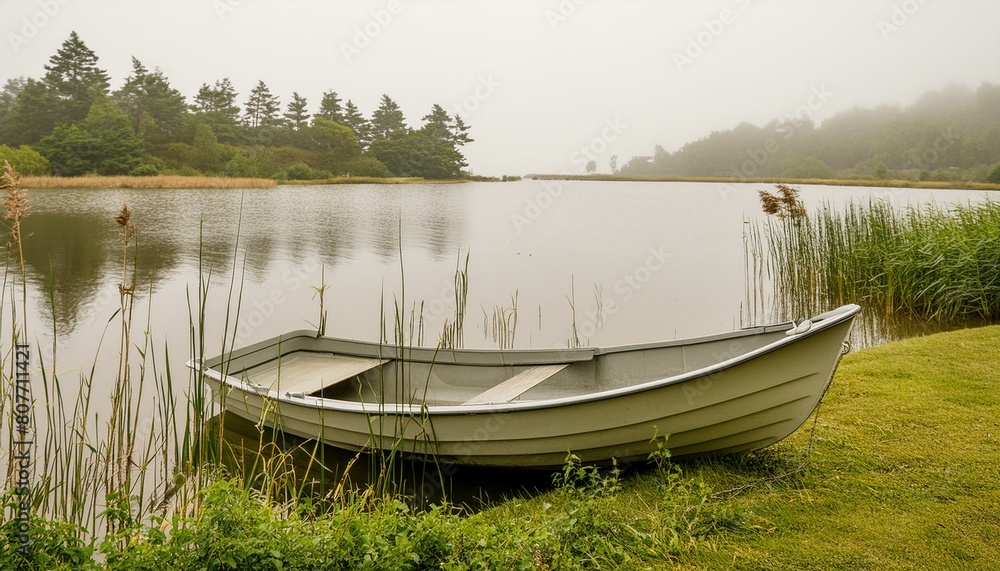 Obraz premium a row boat sitting on top of a lake next to a shore covered in grass and trees on a foggy day in the distance