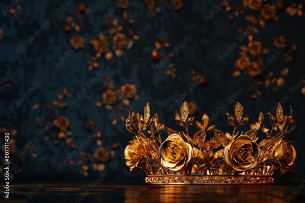 Luxurious Golden Floral Tiara with Roses on Dark Floral Background
