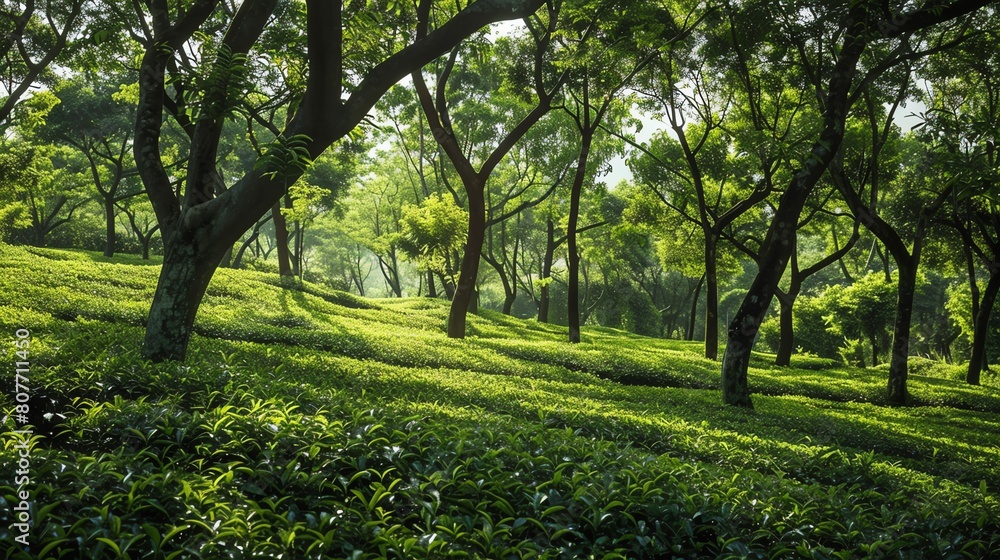 Capture the serenity of a shaded grove of green tea trees Capture the serenity of a shaded grove of green tea trees