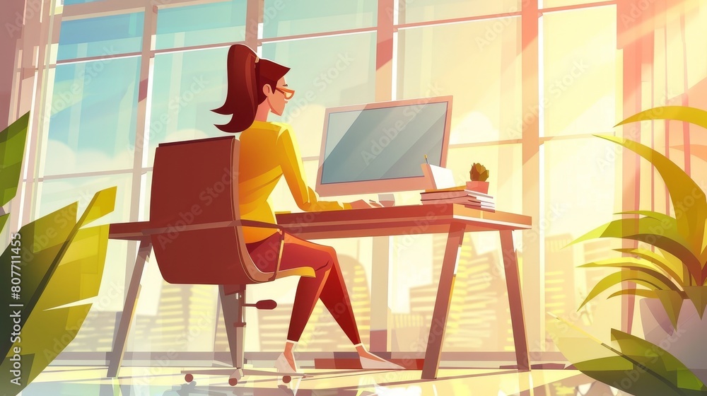 Our work web banner shows a woman sitting at a desk with a cup of coffee and a computer. A girl developing an art project at work with a wide window. Cartoon modern illustration, landing page.
