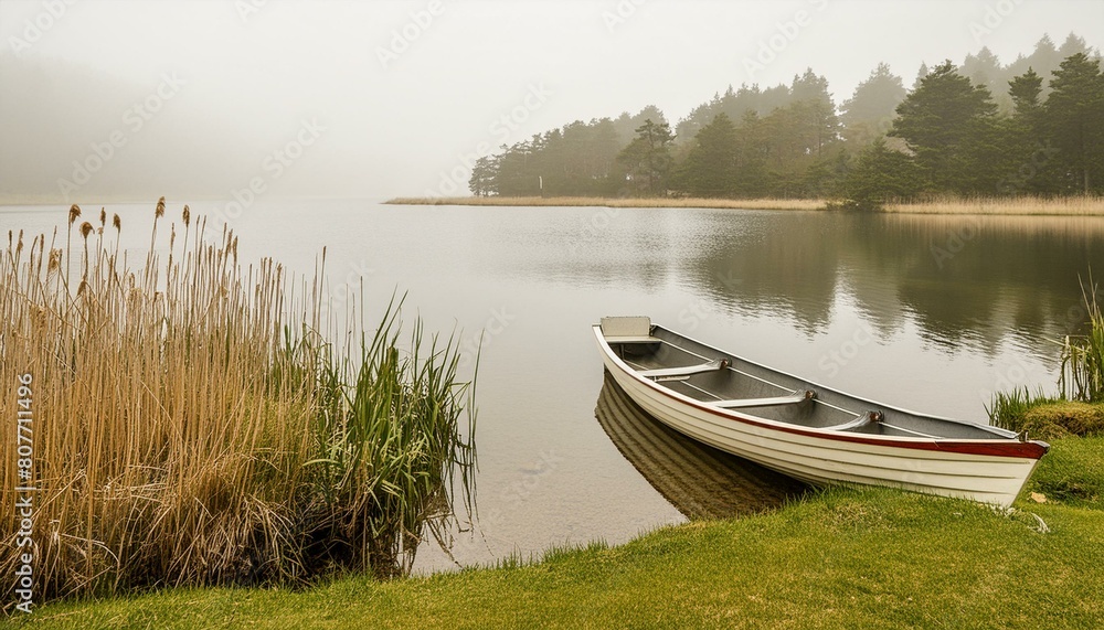 a row boat sitting on top of a lake next to a shore covered in grass and trees on a foggy day in the distance