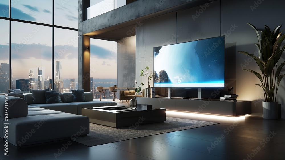 A TV lounge with a holographic display, a modular couch, and a sleek low-profile media unit A TV lounge with a holographic display, a modular couch, and a sleek low-profile media unit