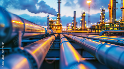 Wallpaper Mural Illuminated industrial pipelines at a refinery plant during twilight, with smokestacks in the background. Torontodigital.ca