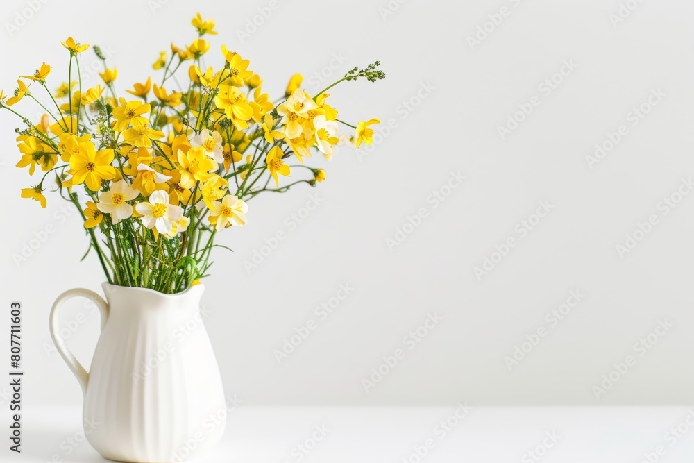 Minimalist Vase with Yellow Forsythia Blossoms on White Background
