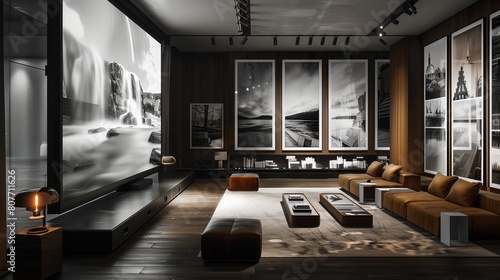 A TV lounge with a large-format screen and a gallery wall of monochrome photography