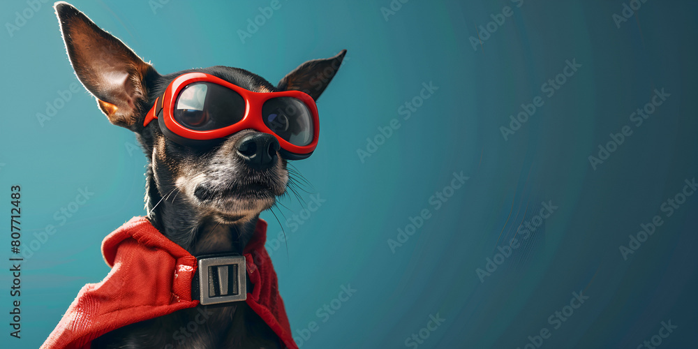 Black dog in a red glasses with a colorful gray background
Black dog in a red glasses with a colorful gray background