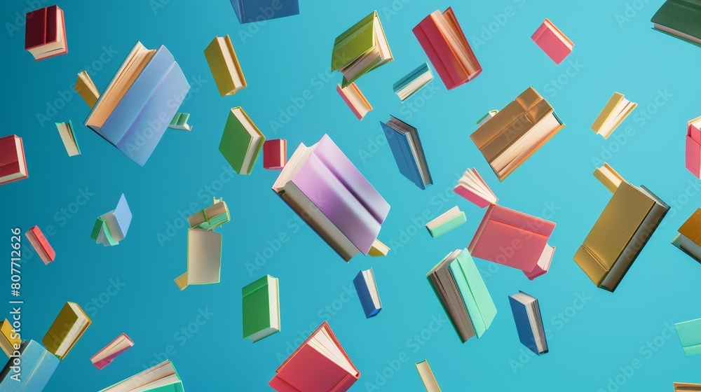 The scene is of books flying in the air on a blue background. Colorful volumes floating in the air, a library archive, a fair or readers event, a back-to-school idea with literary volumes floating in The scene is of books flying in the air on a blue background. Colorful volumes floating in the air, a library archive, a fair or readers event, a back-to-school idea with literary volumes floating in