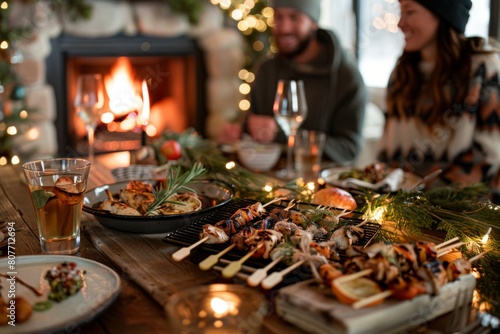 friends gathering around a fireplace