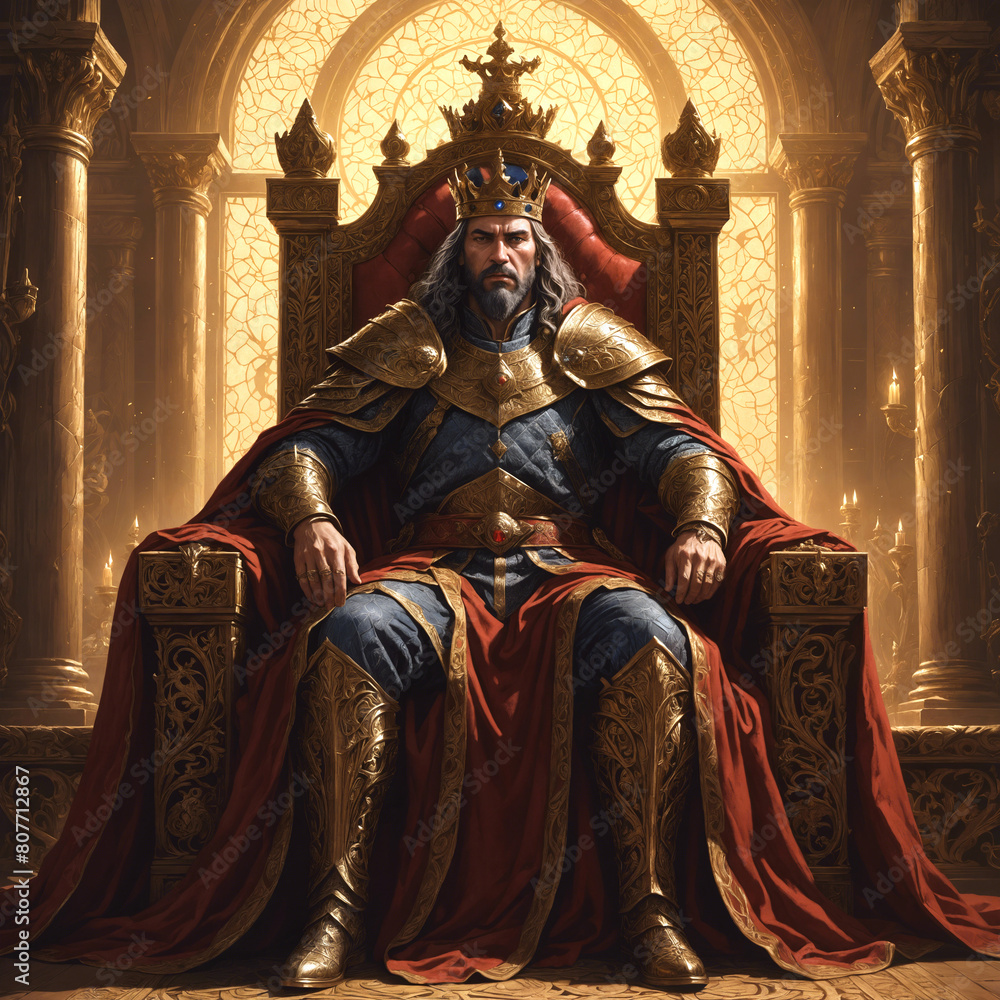 King sits on his throne, golden ornamental armor, crown, red cape, light rays are shining through the cathedral window, holy atmosphere, high detail fantasy character illustration, no AI artifacts