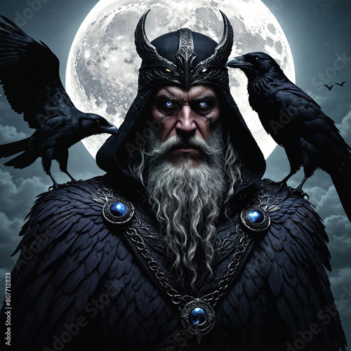 Odin and two ravens, armor covered in raven feathers and purple jewels, Norse folklore, dark Nordic fantasy, moon and cloudy night sky, High detail character illustration, no AI artifacts photo