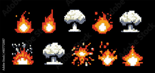 Pixel art 8 bit fire flames and explosion flashes , isolated on black background. Set with cartoon burst animation for retro video game design.