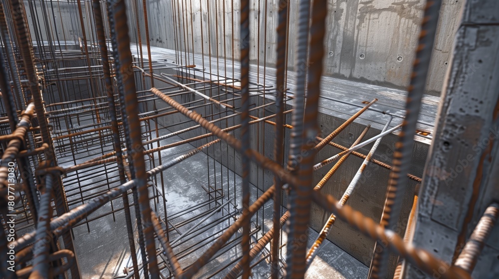 Close-up view of steel reinforcement bars inside a concrete construction structure.