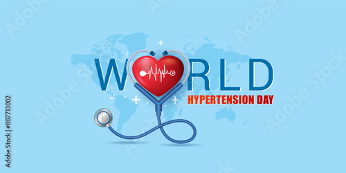 World Hypertension Day. Heart with life line and medical stethoscope, awareness background. Vector illustration