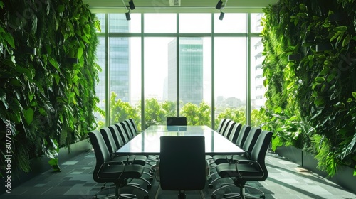 Conference empty room in a sustainable office space, large windows overlooking greenery or urban green spaces, environment concept..