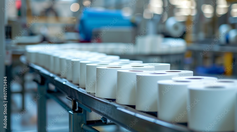 Rows of white industrial rolls on a conveyor belt in a manufacturing plant with blurred background. Rows of white industrial rolls on a conveyor belt in a manufacturing plant with blurred background.