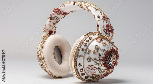 Rococostyle headphones with intricate floral patterns and jewels photo