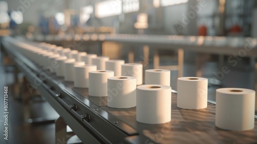 Rows of white paper rolls on a conveyor belt in a bright industrial factory setting.