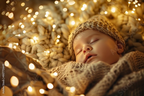 sleeping baby surrounded by fairy lights photo