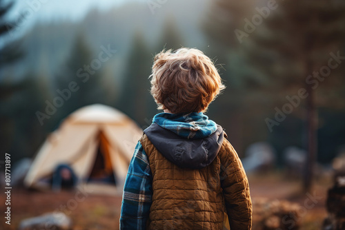 Family leisure weekend vacation on camping tent in wild nature relaxation Generative AI technology illustration