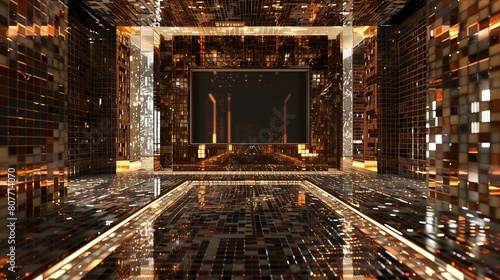 A TV lounge with a screen surrounded by a mosaic of reflective tiles for a glamorous effect