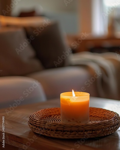 A close-up of a burning candle on a wicker tray in boho style