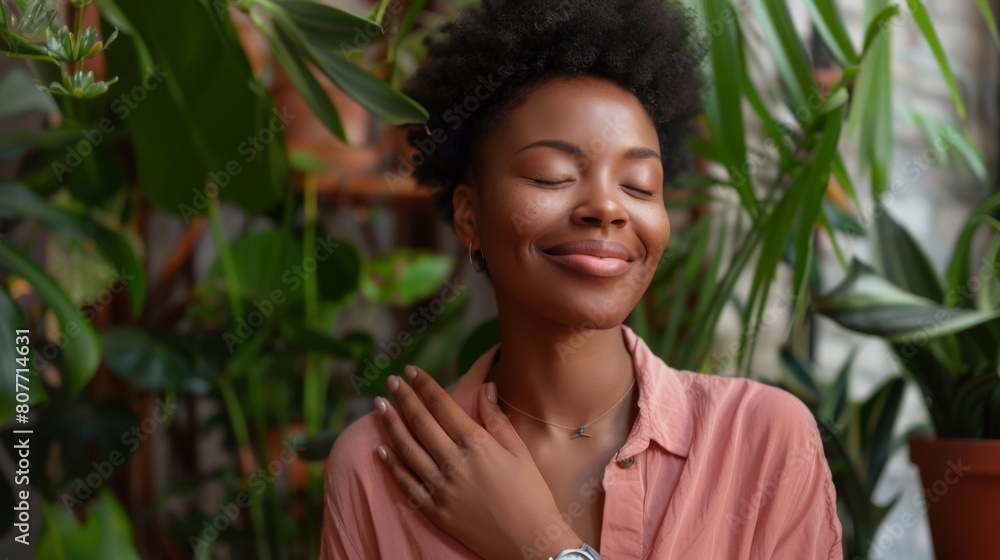 Woman Enjoying Peaceful Indoor Oasis Woman Enjoying Peaceful Indoor Oasis