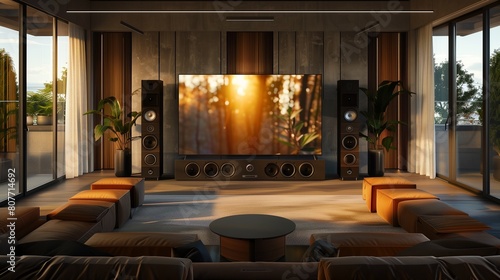 A TV lounge with a screen that is the centerpiece of a surround sound speaker array