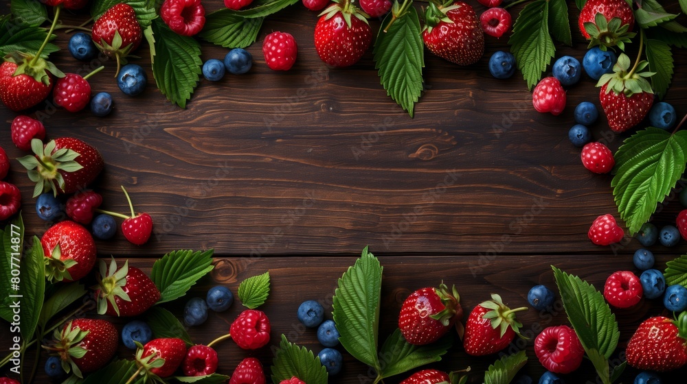 Assorted fresh berries with leaves artistically arranged on a dark wooden background.
